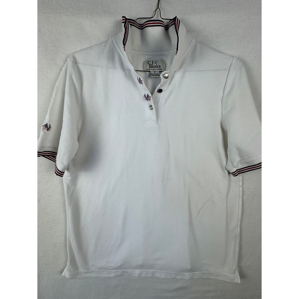 CJ Banks Polo Shirt Womens XL White American Flag Embroidered Patriotic Pique